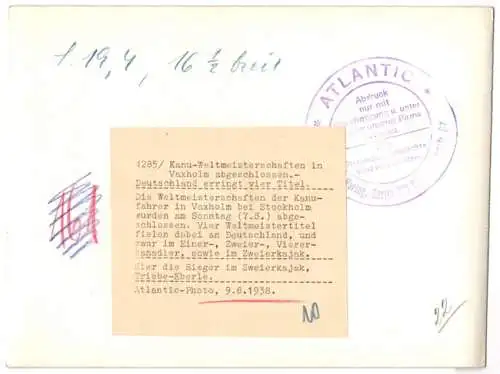 Fotografie Atlantic, Ansicht Vaxholm, Kanu-Weltmeisterschaft 1938, Sieger im Zweierkajak, Trikot mit 