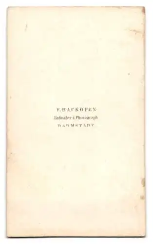 Fotografie F. Backofen, Darmstadt, CDV eines stehenden Damenporträts in elegantem Kleid