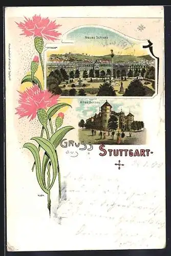 Lithographie Stuttgart, Altes Schloss und Neues Schloss im Kornblumen-Passepartout