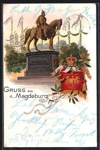 Lithographie Magdeburg, Denkmal mit Reiterstatue Kaiser Wilhelms, Wappen