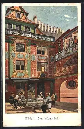 Künstler-AK Freiburg im Breisgau, Gasthaus Grosser Meyerhof, im Hof