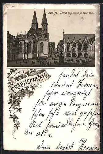 Lithographie Braunschweig, Altstadt-Markt mit Brunnen