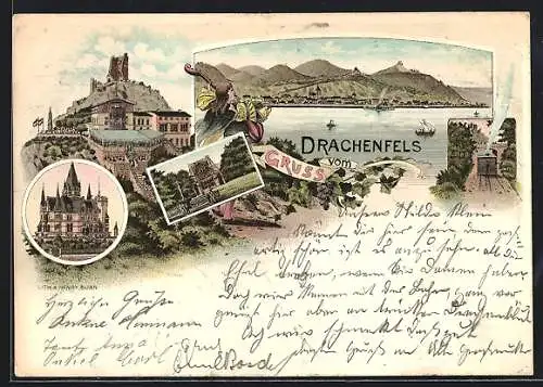 Lithographie Drachenfels, Gasthaus und Ruine, Schloss und Flusspartie