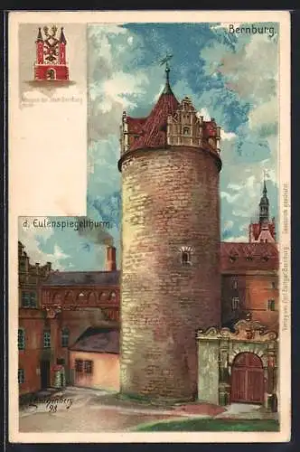 Lithographie Bernburg, Eulenspiegelturm, Stadtwappen