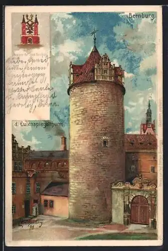 Lithographie Bernburg, Eulenspiegelturm, Stadtwappen