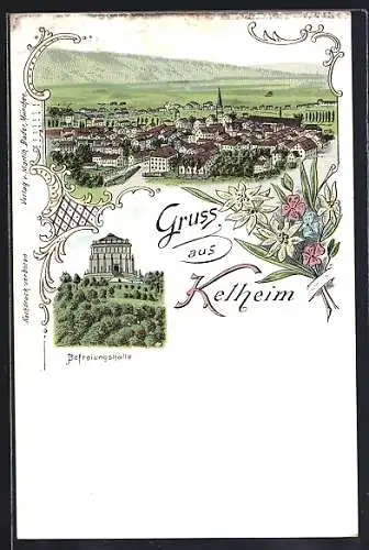 Lithographie Kelheim, Blick zur Befreiungshalle, Totalansicht