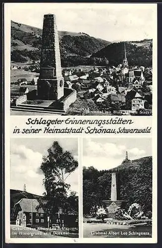 AK Schönau / Schwarzwald, Ehrenmal m. Blick zur Stadt, Geburtshaus Albert Leo Schlageters