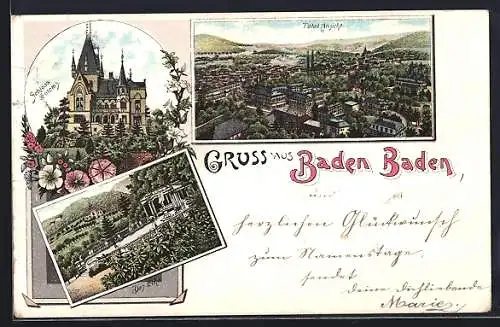 Lithographie Baden-Baden, Totalansicht, Schloss Soloms