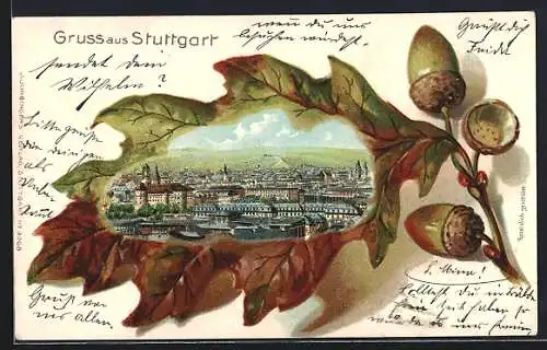 Passepartout-Lithographie Stuttgart, Eichenblatt, Ortsansicht