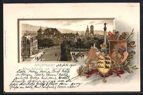 Passepartout-Lithographie Stuttgart, Altes Schloss mit Schlossplatz