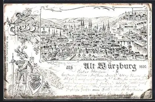 Lithographie Würzburg, Totalansicht, Ritter mit Schild