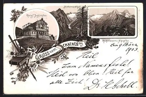 Lithographie Schachen / Garmisch-Partenkirchen, Königl. Jagdschloss, Hochblassen und Alpspitze, Hinterrainthal