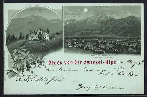 Mondschein-Lithographie Reichenhall, Hütte auf der Zwiesel-Alpe, Totalansicht gegen den Zwiesel