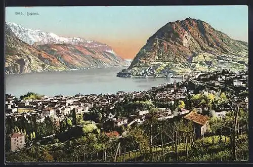 AK Lugano, Panoramablick auf Stadt und See