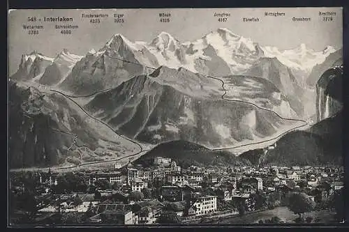 AK Interlaken, Blick über die Stadt auf Bergriesen Eiger Mönch Jungfrau Wetterhorn und Grosshorn