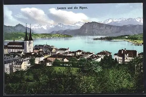 AK Luzern, Teilansicht mit Kirche, Blick auf die Alpen