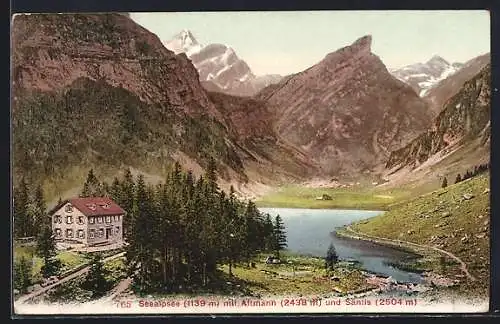 AK Seealpsee, Haus am See-Ufer mit Altmann und Säntis