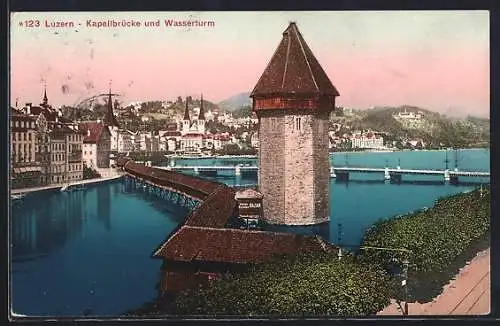 AK Luzern, Kapellbrücke und Wasserturm