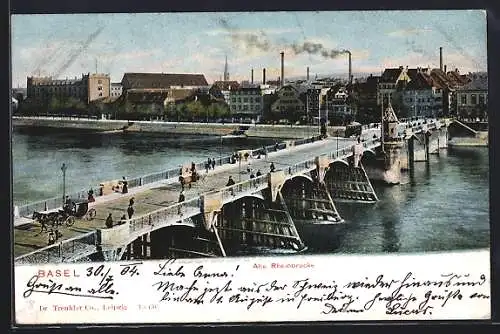 AK Basel, Alte Rheinbrücke, um 1900, Strassenbahn
