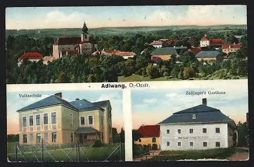 AK Adlwang, Zeilingers Gasthaus, Volksschule, Panorama