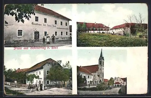 AK Schönering bei Linz, Gasthaus Anton Raab, Ortspartie mit Kirche