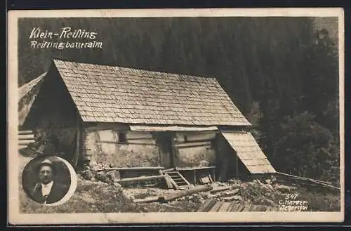 Foto-AK Klein-Reifling, Reiflingbaueralm mit Portrait eines Mannes