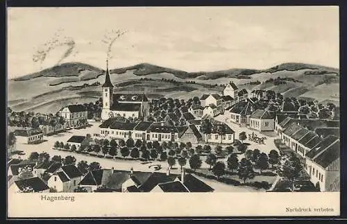 Künstler-AK Hagenberg, Ortsansicht mit Kirche