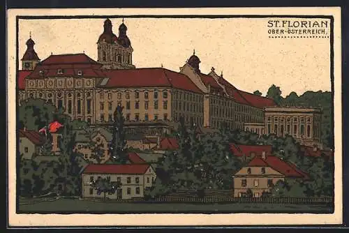 Steindruck-AK St. Florian, Ortspartie mit Amtsgebäude