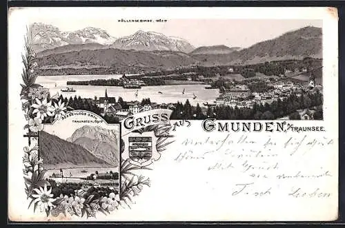 Lithographie Gmunden / Traunsee, Panorama mit Seeschloss Orth