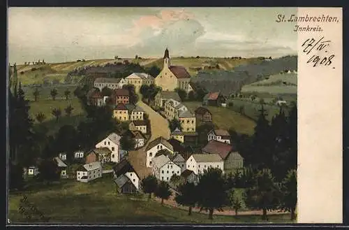 Künstler-AK St. Lambrechten / Innkreis, Ortsansicht mit Kirche