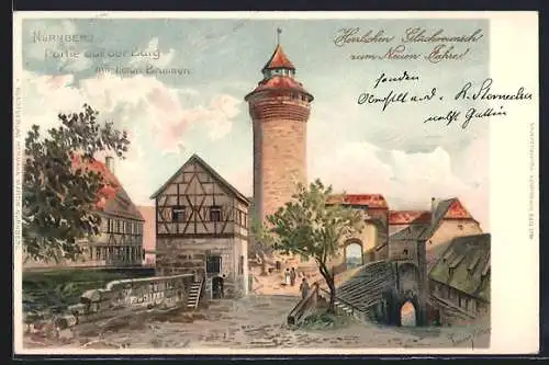 Lithographie Nürnberg, Burgpartie mit tiefen Brunnen