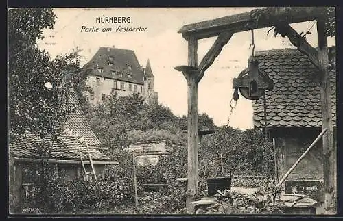 AK Nürnberg, Partie am Vestnertor mit Brunnen