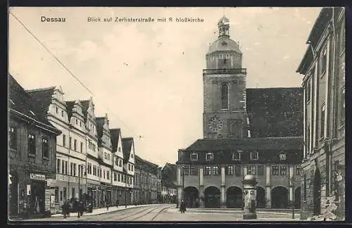 AK Dessau, Zerbsterstrasse mit Geschäften und Schlosskirche