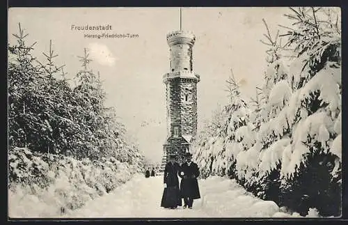 AK Freudenstadt, Herzog-Friedrichs-Turm im Schnee