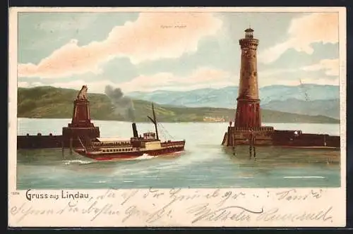 Lithographie Lindau / Bodensee, Sicht auf die Hafeneinfahrt