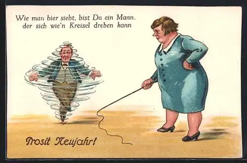 AK Grosse Frau spielt mit dem Mann Brummkreisel, Neujahrsgruss