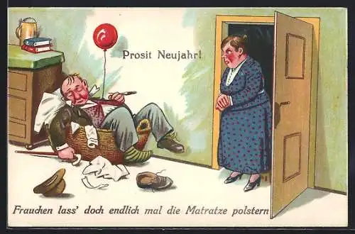 AK Frau findet betrunkenen Mann im Wäschekorb, Neujahrsgruss