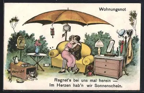 Künstler-AK Willi Scheuermann: Wohnungsnot, Pärchen auf dem Sofa unterm Regenschirm