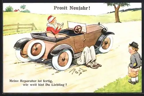 AK Vater repariert Auto auf einer Landstrasse, Neujahrsgruss