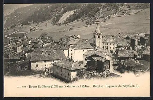 AK Bourg St. Pierre, Teilansicht, a droite de l`Eglise: Hotel du Dejeuner de Napoleon I.