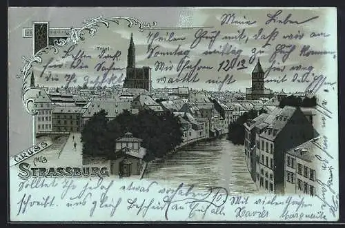 Mondschein-Lithographie Strassburg, Teilansicht mit Kirche