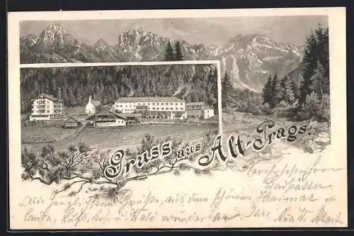 Lithographie Alt-Prags, Teilansicht mit Kirche, Gebirgspanorama