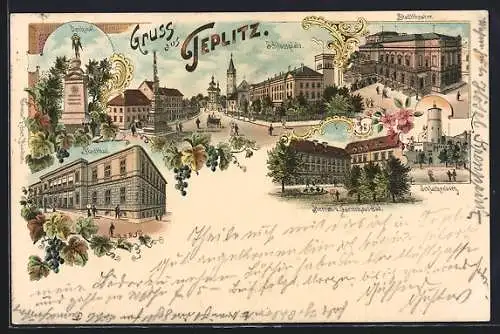 Lithographie Teplitz Schönau / Teplice, Schlossplatz, Stadtbad, Schlackenburg