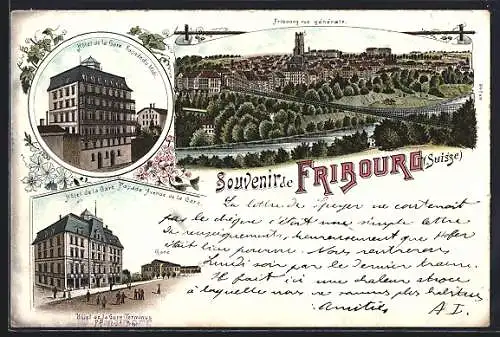 Lithographie Fribourg, Gesamtansicht, Hotel de la Gare, Facade du Midi, Facade Avenue de la Gare