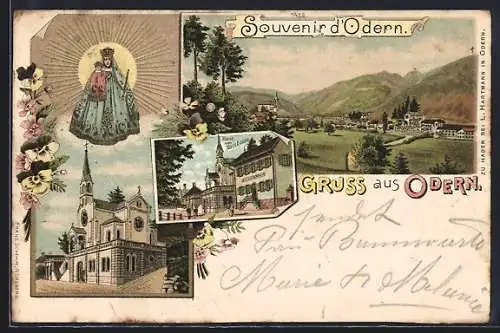 Lithographie Odern, Restaurant zum Nussbaum, Kirche mit Gnadenbild, Gesamtansicht