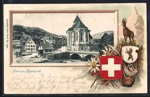 Lithographie Appenzell, Ortsansicht mit Wappen