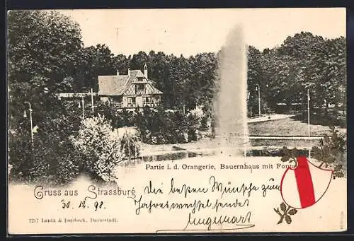 AK Strassburg, Partie i. d. Orangerie, Bauernhaus mit Fontaine