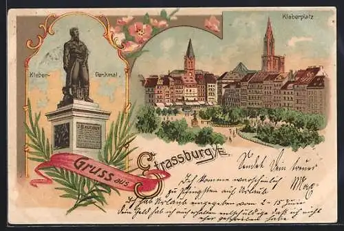 Lithographie Strassburg i. E., Kleberdenkmal und Kleberplatz