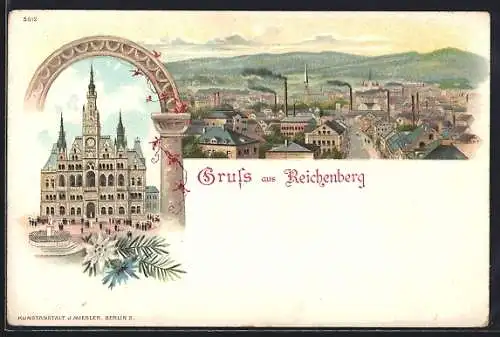 Lithographie Reichenberg / Liberec, Rathaus, Ortspanorama