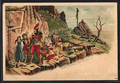 Lithographie Der Rattenfänger von Hameln mit Kinderschar